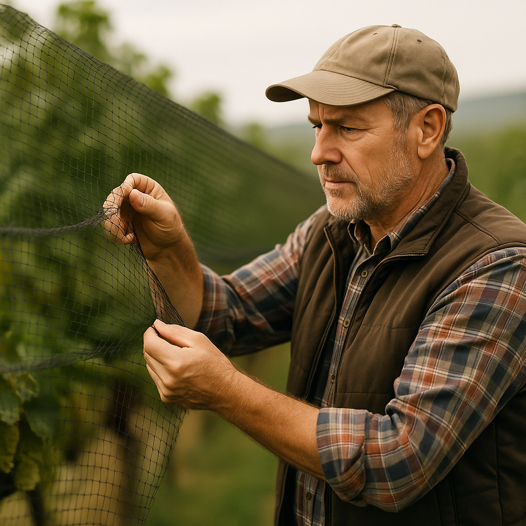 A farmer examines bird netting covering a vineyard to protect grapes from birds