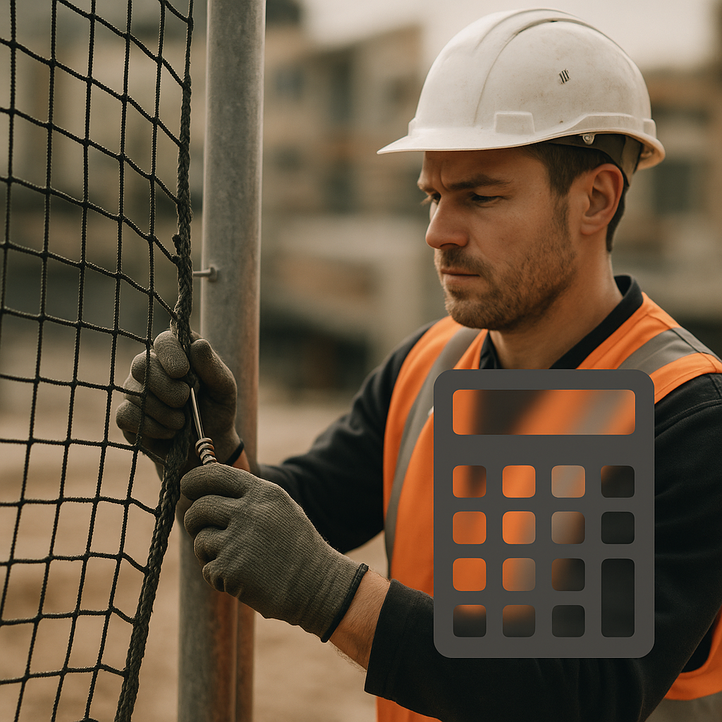 A professional installing durable safety netting with a calculator overlay, illustrating the total cost of ownership.