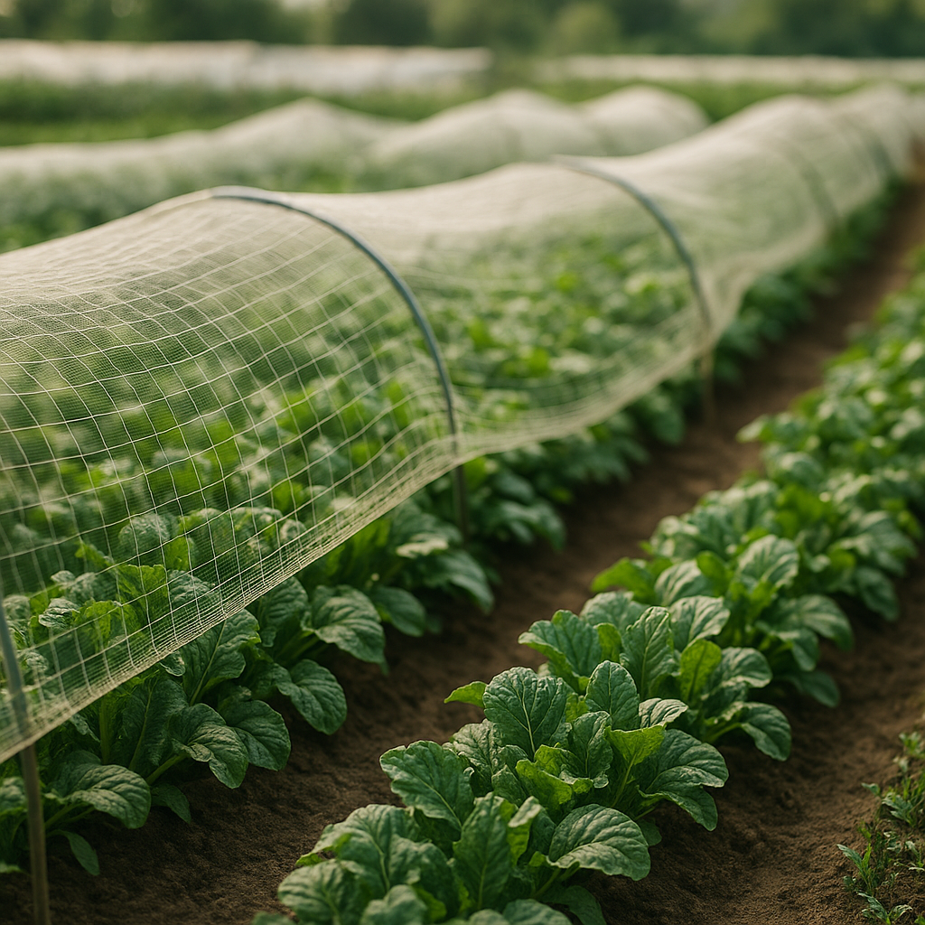 Green crops thriving under protective netting in a sunlit field, showcasing farm investment benefits