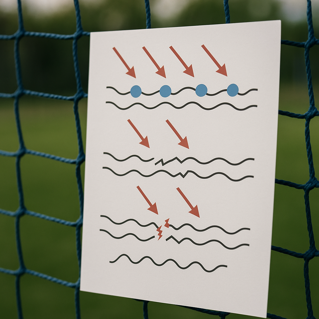 Technical diagram illustrating UV stabilizers protecting polymer chains in sports netting, with soft lighting and blurred background.